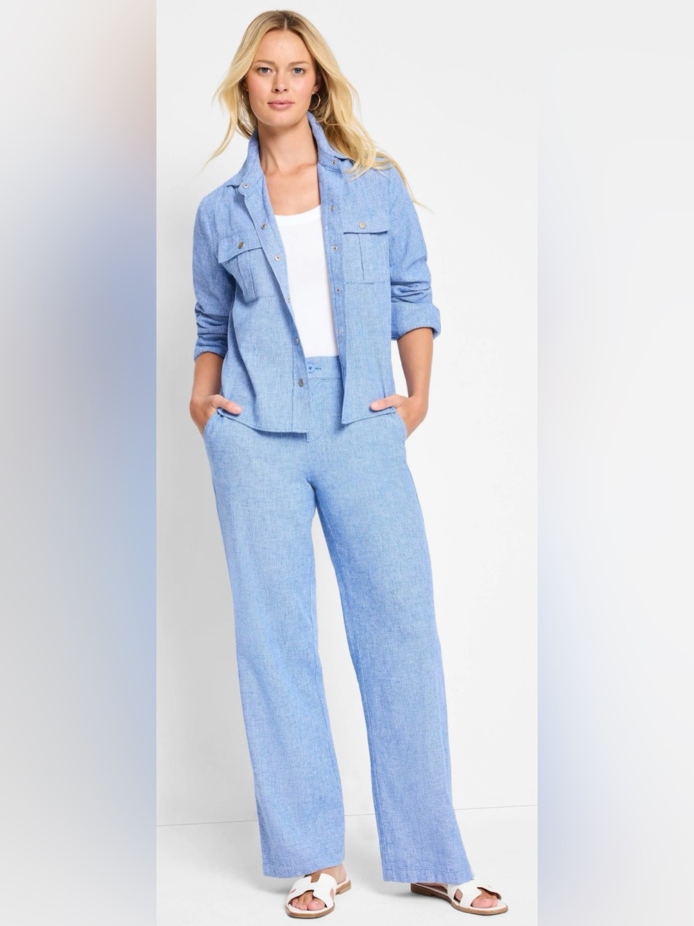 NIC+ZOE Eliot Wide Leg Linen Cotton Pants Blue Mix Chambray High Rise Size 2